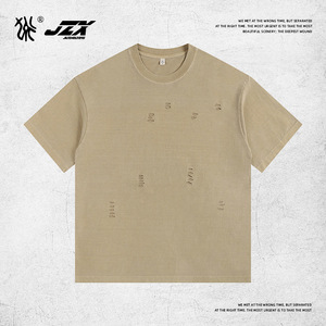 260g <span class=keywords><strong>Vintage</strong></span> lavé en détresse pur coton col rond cravate-teinture déchiré T-Shirt ample unisexe à la mode marque à manches courtes solide - Product Image 3
