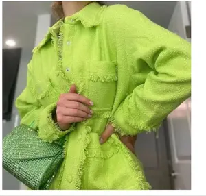 Groothandel Nieuwe Mode Turn Down Kraag Lange Mouw Olijfgroene Tweed Blazer Jas Voor Dames