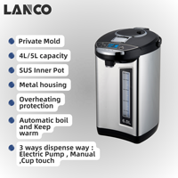 Bouilloire Électrique Thermo Pot LANCO, Distributeur d'Eau Numérique, Chauffe-Eau en Acier Inoxydable 4-6L 750W Grande Capacité avec Protection Contre la Cuisson à Sec