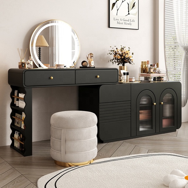 Contemporary Black Makeup Vanity Table Mid-Century Modern Bedroom Solid Wood Retractable Makeup Table