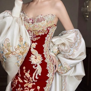 Women's Strapless Chinese Embroidery Wedding Gown - <b>Red</b> Velvet & Satin Train Evening Dresses Fashion - Product Image 5