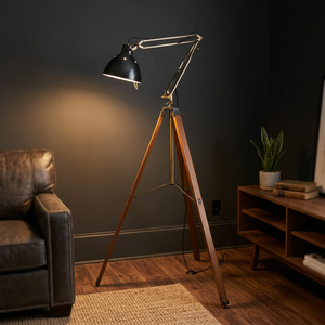Lampadaire trépied réglable avec projecteur, en métal et bois, pour salon, chambre, studio, décoration - Product Image 3