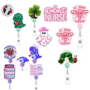 Cross-border shiny dinosaur easy-open <b>buckle</b> with rhinestone beaded irregular badge scroll retractable <b>clip</b> school name badge - Product Image 1