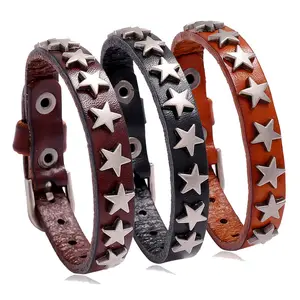 Vintage Punk Rock Style Charm Pentagram Five-Pointed Star Men Black Brown Genuine Leather Bracelet Jewelry For Male