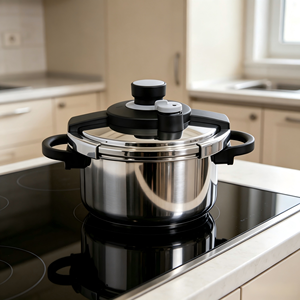 Casserole à pression T-fal Clipso en acier inoxydable, 6,3 litres, compatible induction, système de verrouillage sécurisé à une main, passe au lave-vaisselle, argent - Product Image 1
