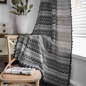 Tenda Alta Personalizzabile BUBABA in Stile Bohémien, Jacquard Geometrico Bianco e Nero con Nappine Nere, Oscurante - Product Image 1