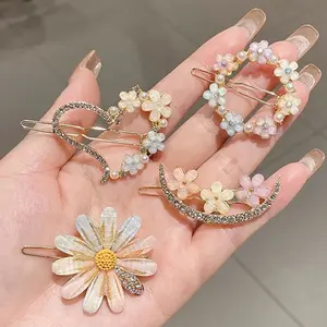 新款韩版优雅金色珍珠花朵珠光水钻水晶女发夹