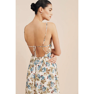 Women's Boho Dress Sexy <strong>Halter</strong> Front Slit Sleeveless Printed <strong>Satin</strong> With Embroidered Craft square Collar - Product Image 5