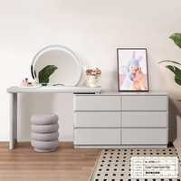 Coiffeuse moderne en bois pour chambre à coucher avec rangement et miroir sur pied éclairé – Ensemble de coiffeuse au design épuré pour appartement et hôtel