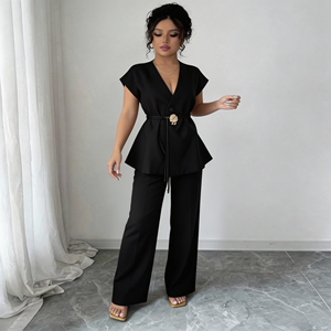 Ensemble élégant deux pièces pour <span class=keywords><strong>femme</strong></span>, vente en gros d'usine, décontracté d'<span class=keywords><strong>été</strong></span>, sans manches, avec ceinture, gilet et <span class=keywords><strong>pantalon</strong></span> large, couleur unie, idéal pour le bureau - Product Image 2