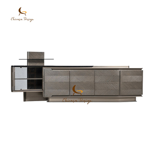 Luxury Living Room Storage Cabinet Asymmetrical Slant Cut Wood Veneer <b>TV</b> Stand with Glass - Product Image 1