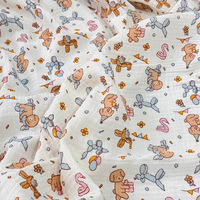 Tela de Gasa Arrugada de Doble Capa 100% Algodón 40S, Tela Suave con Estampado de Osito de Peluche, Transpirable, para Ropa de Bebé