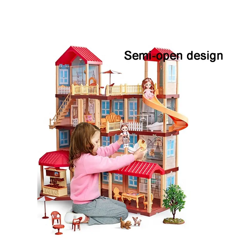 Miniatur Villa 3D kerajinan rumah boneka blok mainan mebel Diy rumah boneka miniatur anak Set rumah boneka besar untuk anak perempuan