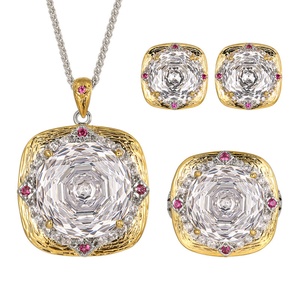 Elegant Eco-friendly Copper Gold Plated Bridal Jewelry Set 18-14mm White Zircon Round Pendant Wedding Matching Jewelry Set - Product Image 1