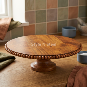 Support à gâteau rond en bois fait main, plateau de service perlé pour desserts, idéal pour mariages, fêtes et décoration intérieure - Product Image 2