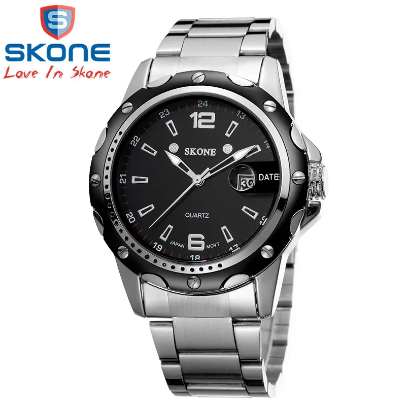 SKONE 7147 мужские деловые часы с календарем и стальным ремешком, светящиеся водонепроницаемые кварцевые мужские наручные часы