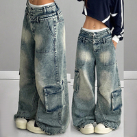 Hangyue Jean Cargo Délavé Style Hip-hop Boyfriend Baggy Taille Haute Double pour Femme, Coupe Décontractée, Vêtement Urbain pour l'Hiver