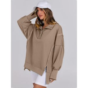 Sweat-shirt Henley oversize pour femme FOXA, manches longues, coupe décontractée, haut à ourlet asymétrique, collection automne 2025 - Product Image 4