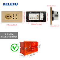 DELEFU - Enchufes de Pared Universales y Schuko de 2 Pines con Panel de PC Dorado Estándar Europeo Italiano