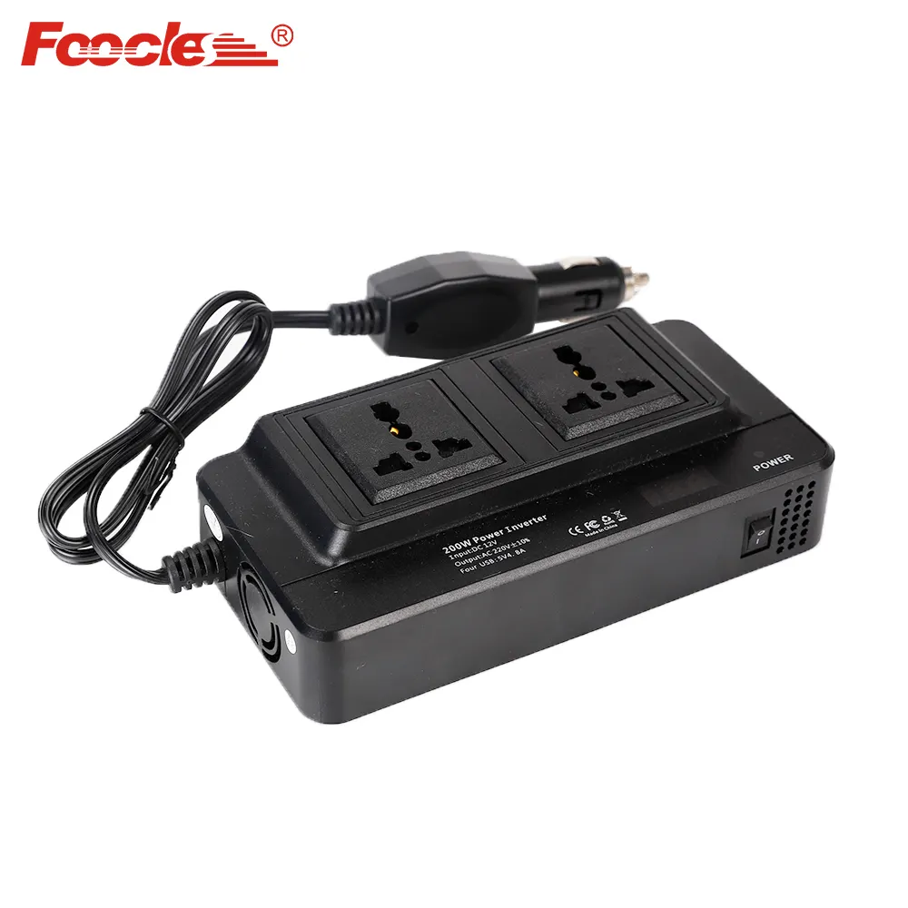 Foocles อินเวอร์เตอร์แบบคู่สำหรับรถยนต์, อินเวอร์เตอร์อเนกประสงค์4ช่องต่อ USB เอาต์พุต12V 200W ความปลอดภัยอินเวอร์เตอร์ติดตั้งบนรถ