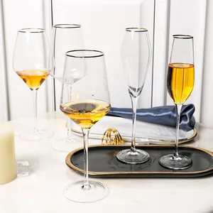 Copas de cristal finas con borde dorado para decoración de boda, copa de vino tinto personalizada, copas de champán