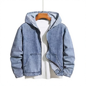 Blouson en jean à capuche pour homme, couleur unie, fermeture éclair, poches avant, délavé, style décontracté, coupe classique, pour l'automne et le printemps - Product Image 1