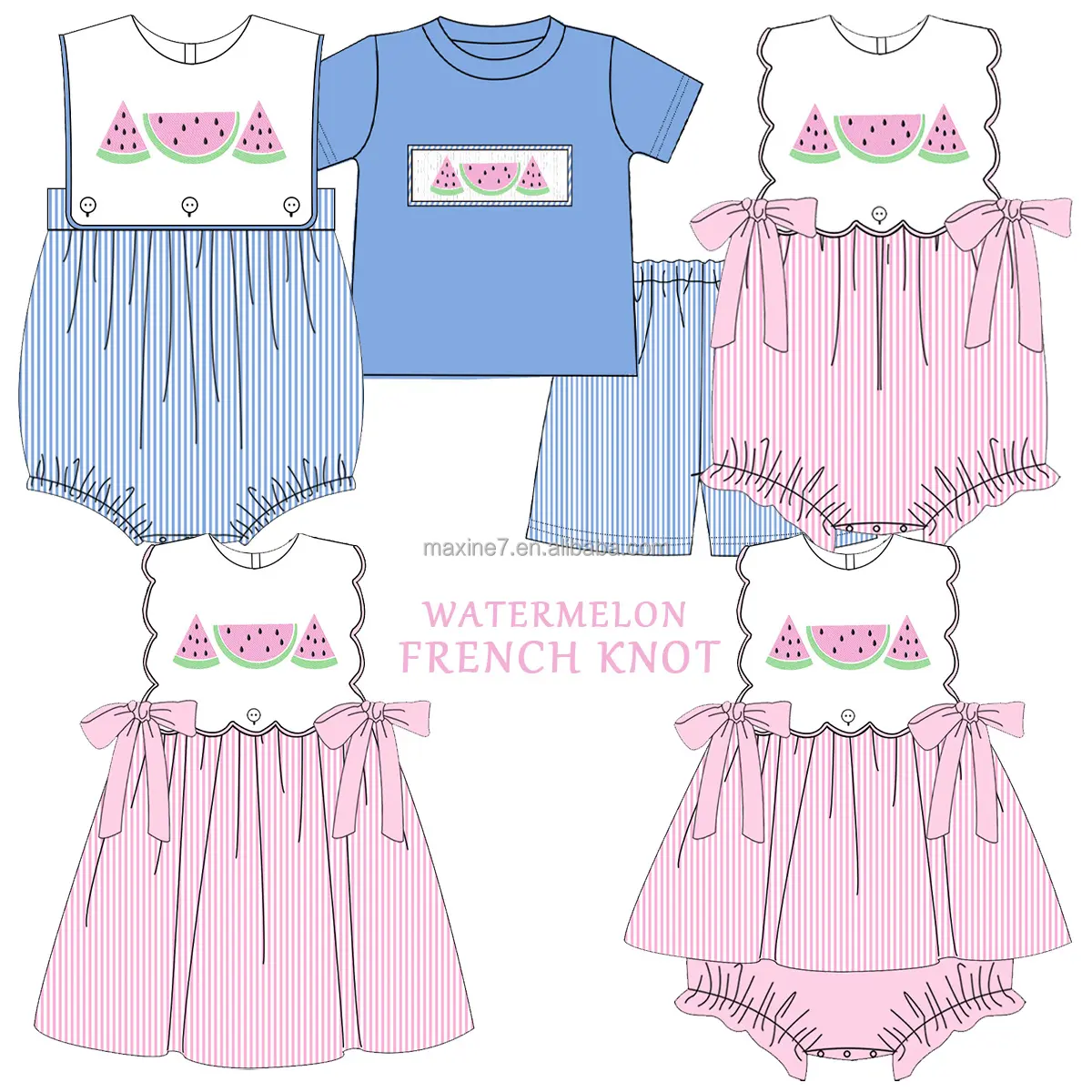 子供服スイカ刺繍ピンクシアサッカー女の子衣装弓赤ちゃん女の子服