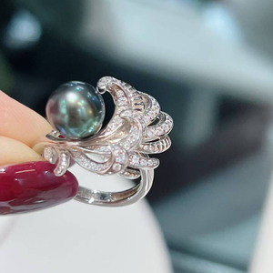 Peacock Tail style 8-9mm Tahitian Black Pearl <b>Ring</b>, Colorful Luster Seawater Pearl, <b>925</b> Sterling <b>Silver</b> Vintage Ornate Jewelry - Product Image 2