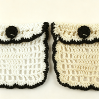 Applique en fil de coton noir et blanc, motif poche factice contrastant, crocheté à la main, à coudre, écologique, 3D, pour robe, veste, chapeau
