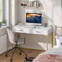 Grand bureau d'ordinateur extensible en bois avec 2 tiroirs, table d'étude moderne blanche avec métal doré
