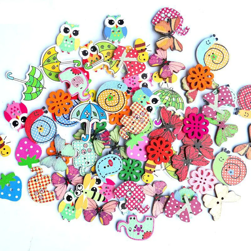 Looen Bulk 50 Pcs/lot Mixed Animal Buttons with 2 Holes Colorful Wooden Buttons Sewing DIY Buttons Craft Tool