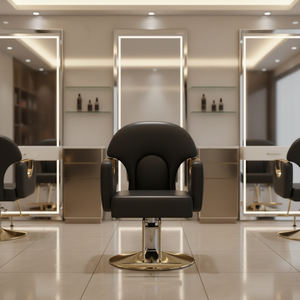 Moderner Friseurstuhl aus Stahl mit Ledersitz, Professionelle Hydraulikpumpe, Hebe- und Drehfunktion für Friseursalons - Product Image 3