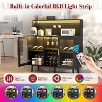 Meuble bar à vin en bois noir avec éclairage LED, étagères de rangement pour bouteilles et verres, idéal pour la maison - Vente en gros
