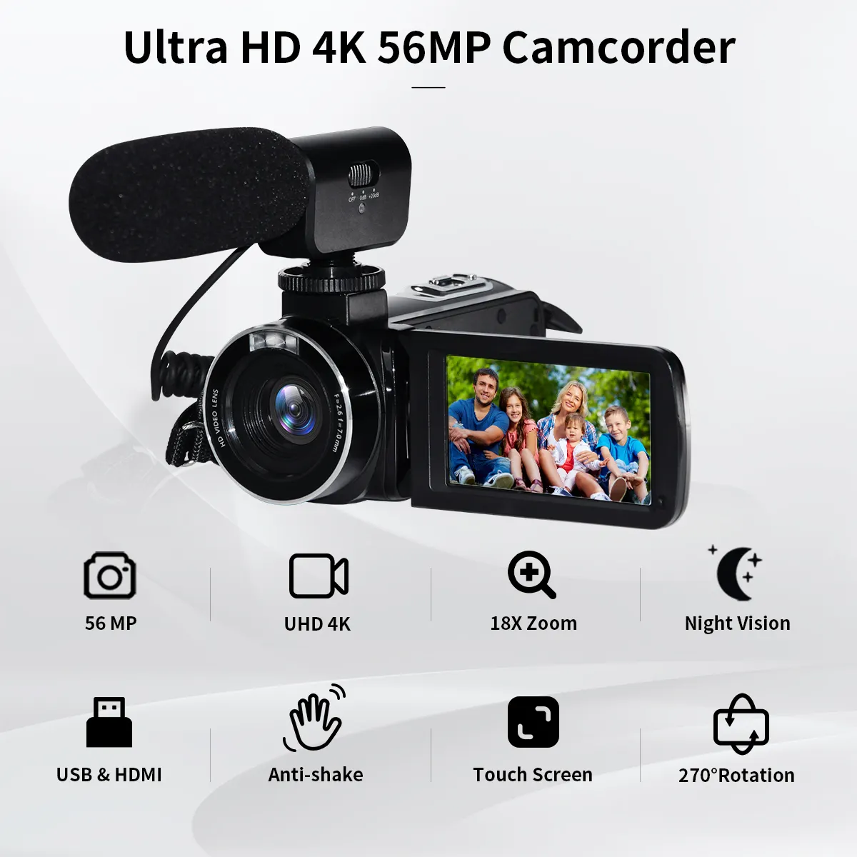 마이크가있는 YouTube 터치 스크린 카메라 레코더 용 비디오 카메라 캠코더 4K, 56MP UHD WiFi 블로깅 카메라