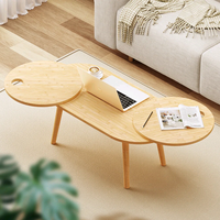 Mesa de Centro Ovalada Expandible Giratoria con Dos Superficies Laterales Redondas Giratorias de Bambú, Madera Natural, Estilo Moderno para Sala de Estar