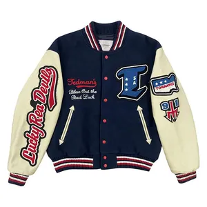 Jaqueta Letterman masculina de manga de couro com bordado de lã e logotipo personalizado