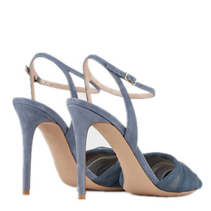 Sandalias de tacón de aguja con punta abierta de gamuza azul polvo y tul para mujer, con correa de tobillo de malla transparente, elegantes y románticas para bodas, galas y citas, venta al por mayor. - Product Image 3