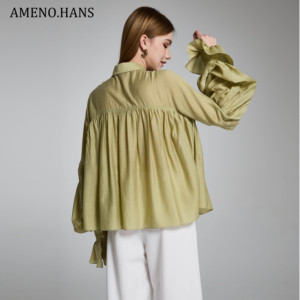 <span class=keywords><strong>AMENO</strong></span> Blouses en mousseline de soie à manches longues de couleur unie à volants pour femmes pour l'été - Product Image 5