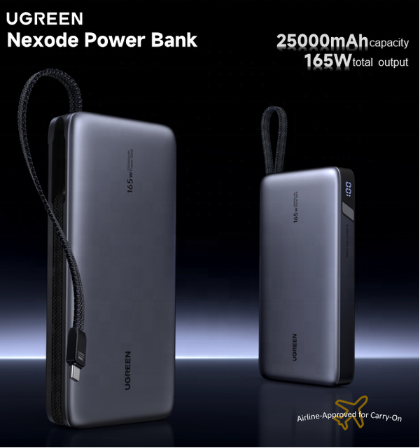 Outdoor Camping Light UGREEN PB552 25000mAh 4-Port Portable Laptop Power Bank 165W PD Fast Charger Built-in Dual USB-C Digital