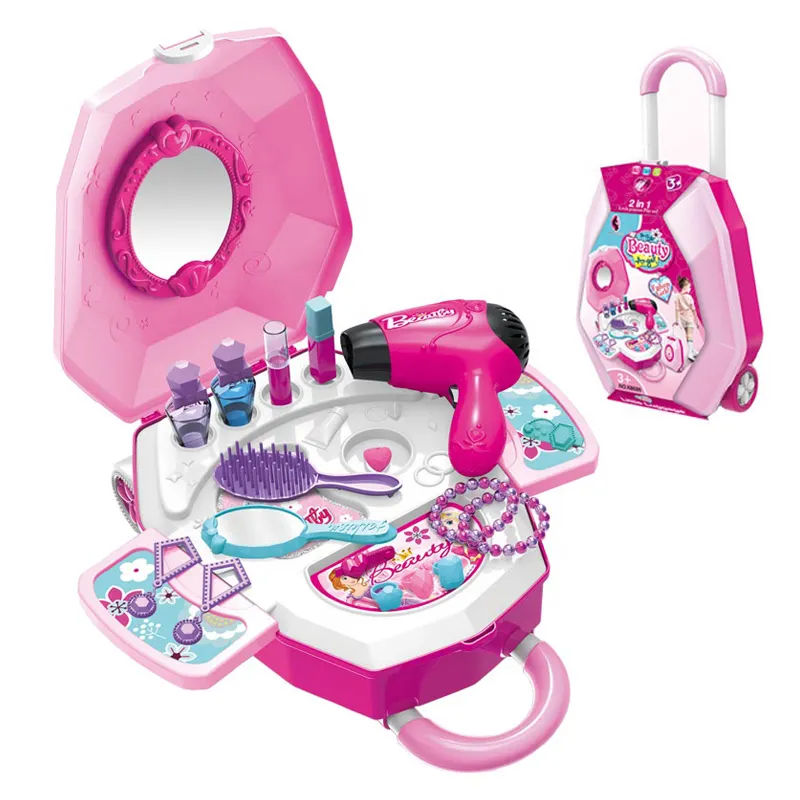 Neueste Produkt 2 in 1 Kleine Gepäck für Mädchen Spielzeug Schönheit Set Pretend Make-Up Set Schmuck Kit Prinzessin Kleid Bis für Kinder