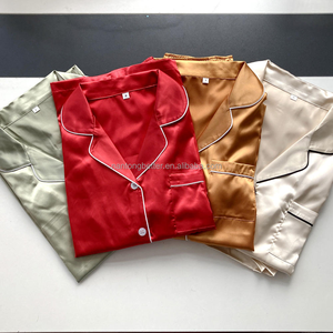 Yüksek kalite stok kadın pijama katı uzun kollu pantolon gelin parti noel kırmızı ipek saten pijama seti 2 adet Pjs - Product Image 2