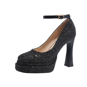 Y9595-2 Escarpins Mary Jane à plateforme scintillante, bout rond, talon carré, bride cheville, chaussures de mariage, talon très haut, rehaussant la taille - Product Image 5