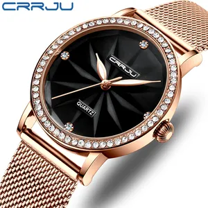 Часы CRRJU женские кварцевые аналоговые, люксовые брендовые наручные, с золотистым сетчатым браслетом