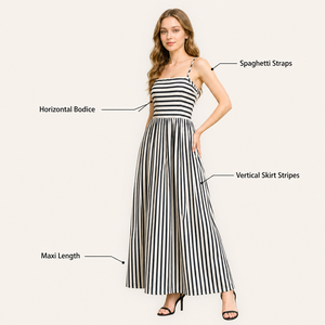 Vestido Midi Personalizado ODM, Nuevo, Verano, Ecológico, Transpirable, Vintage, Cintura Imperio, Volantes, Escote <span class=keywords><strong>Corazón</strong></span>, Estampado Digital a Rayas - Product Image 1