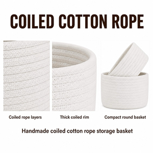 Set <span class=keywords><strong>di</strong></span> 2 Cesti Portaoggetti Rotondi in Corda <span class=keywords><strong>di</strong></span> Cotone Intrecciata a Mano per Organizzazione Bagno - Product Image 2