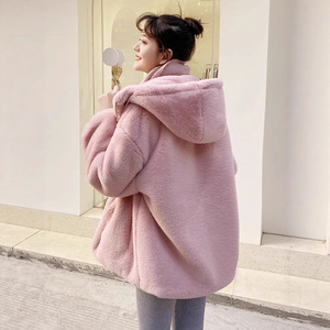 Women's Faux Fur <b>Coat</b> <b>Thick</b> Warm Rabbit Fur Short Loose Style Apricot White Pink <b>Winter</b> Fashion Outerwear - Product Image 4