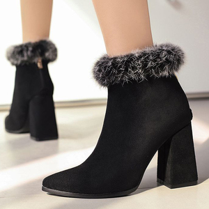 Large Size 48 Women's High Chunky Heels Ankles Boots Big Feet Wide Fit Top Fur Short Booties Leopard Print <b>Shoes</b> - Product Image 3