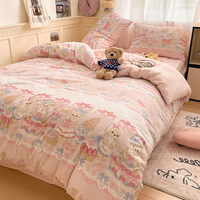 Ensemble de literie en coton pur lavé, directement de l'usine, 4 pièces, motif de dessin animé mignon, couleur unie, housse de couette, adolescents, enfants, en vrac