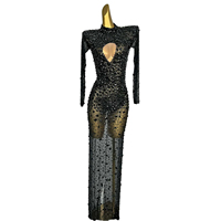 Luxe manches longues évider strass voir à travers moulante fête longue robe femmes scène porter grande taille robe de soirée de bal