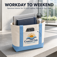 Sac fourre-tout en toile brodé avec logo personnalisé, sac à main Coastal Tide Boat avec poche avant, sac en coton robuste pour la plage et les trajets quotidiens